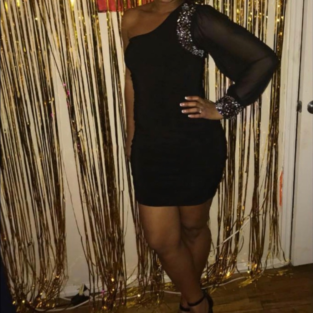 Little Black One Shoulder Embellished Sheer Dress